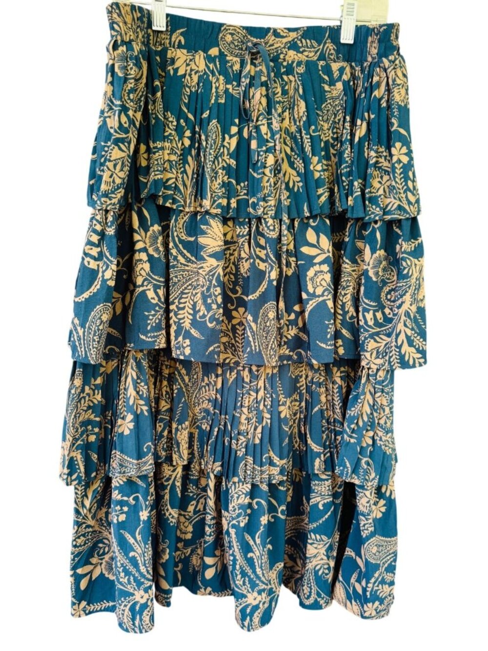 Alice Blue Womens Boho Tiered Ruffle Skirt Large Floral Paisley Print Blue Beige
